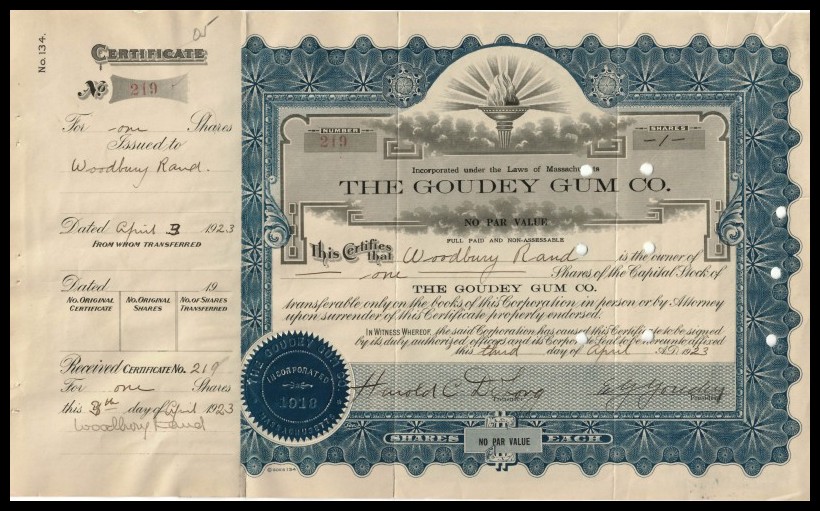 1923 Goudey Gum Company Stock Certificate